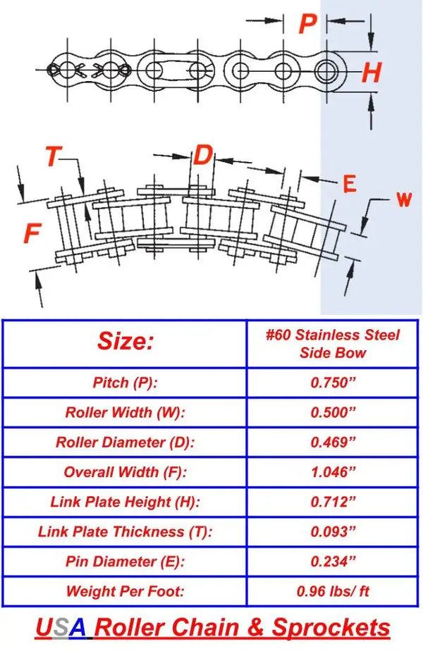 #60SS SB Stainless Steel Side Bow Roller Chain - 10ft Box
