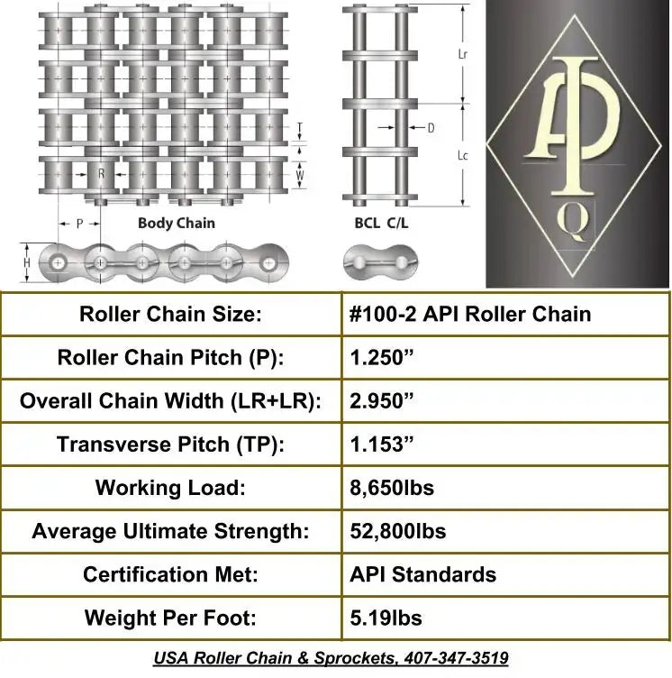 API Certified #100-2 Double Strand Cottered Roller Chain - 10ft Box