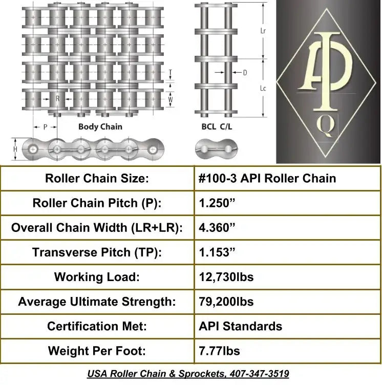 API Certified #100-3 Cottered Roller Chain - 10ft Box