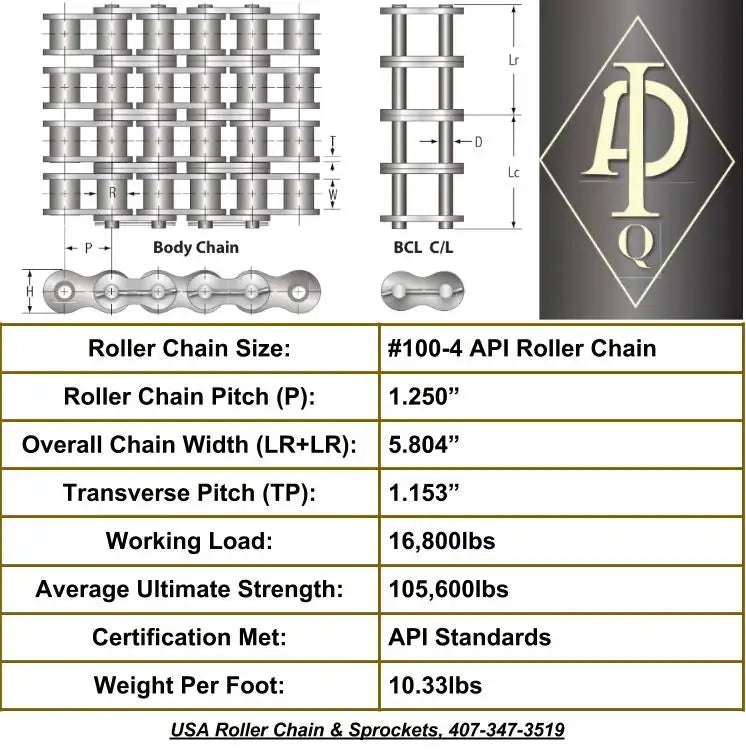 API Certified #100-4 Quad Strand Cottered Roller Chain - 10ft Box