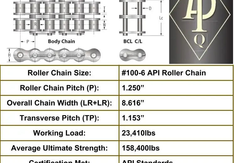 API Certified Oil Rig Ready #100-6 Six Strand Cottered Roller Chain - 10ft Box