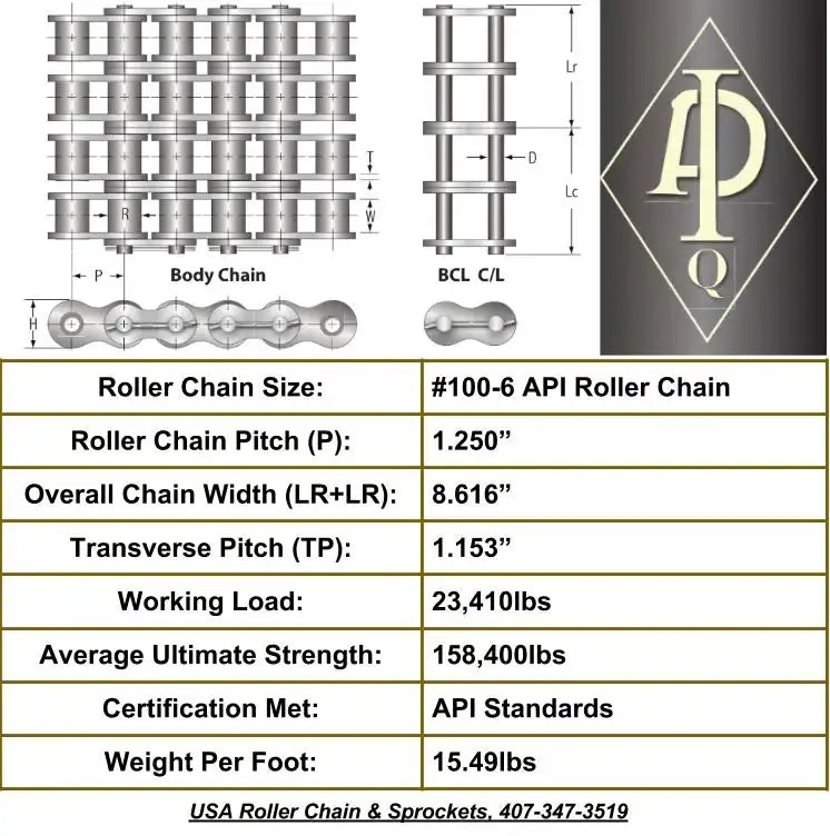 API Certified Oil Rig Ready #100-6 Six Strand Cottered Roller Chain - 10ft Box
