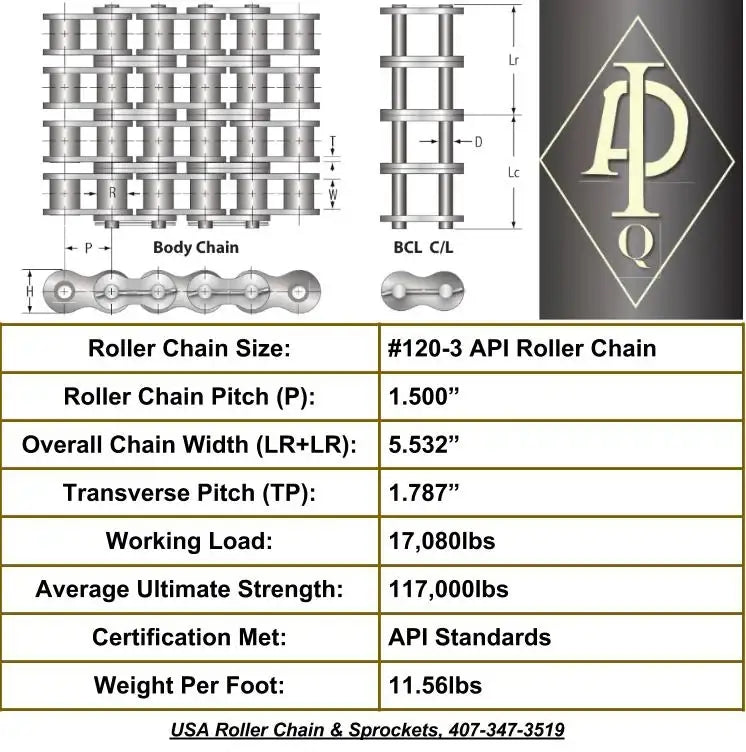 API Certified #120-3 Triple Strand Cottered Roller Chain - 10ft Box