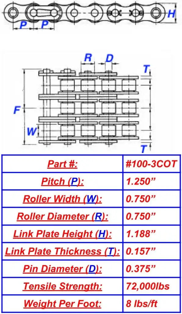Economy Plus #100-3 Triple Strand Cottered Roller Chain - 10ft Box
