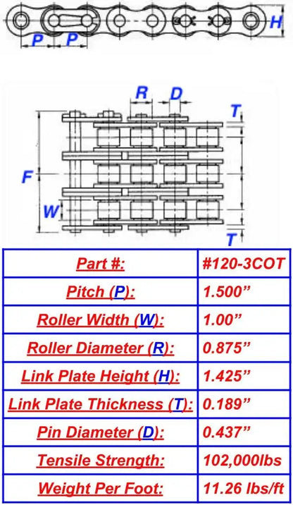 Economy Plus #120-3 Triple Strand Cottered Roller Chain - 10ft Box