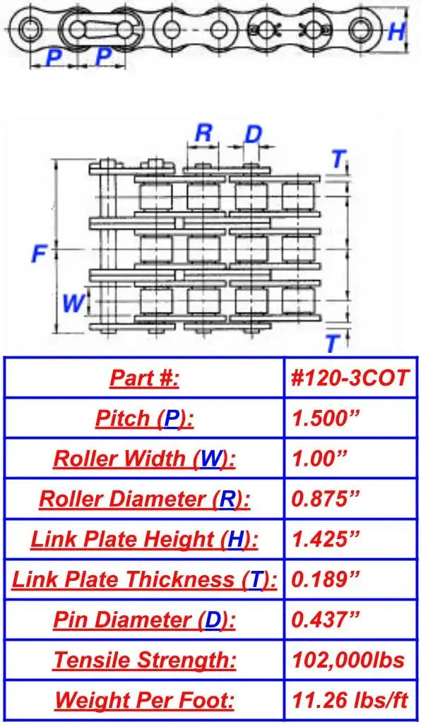 Economy Plus #120-3 Triple Strand Cottered Roller Chain - 10ft Box