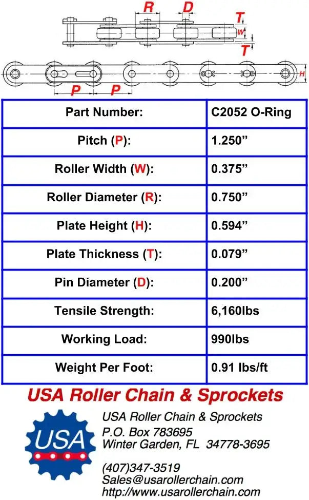 Premium C2052 O-Ring Roller Chain - 10ft Box